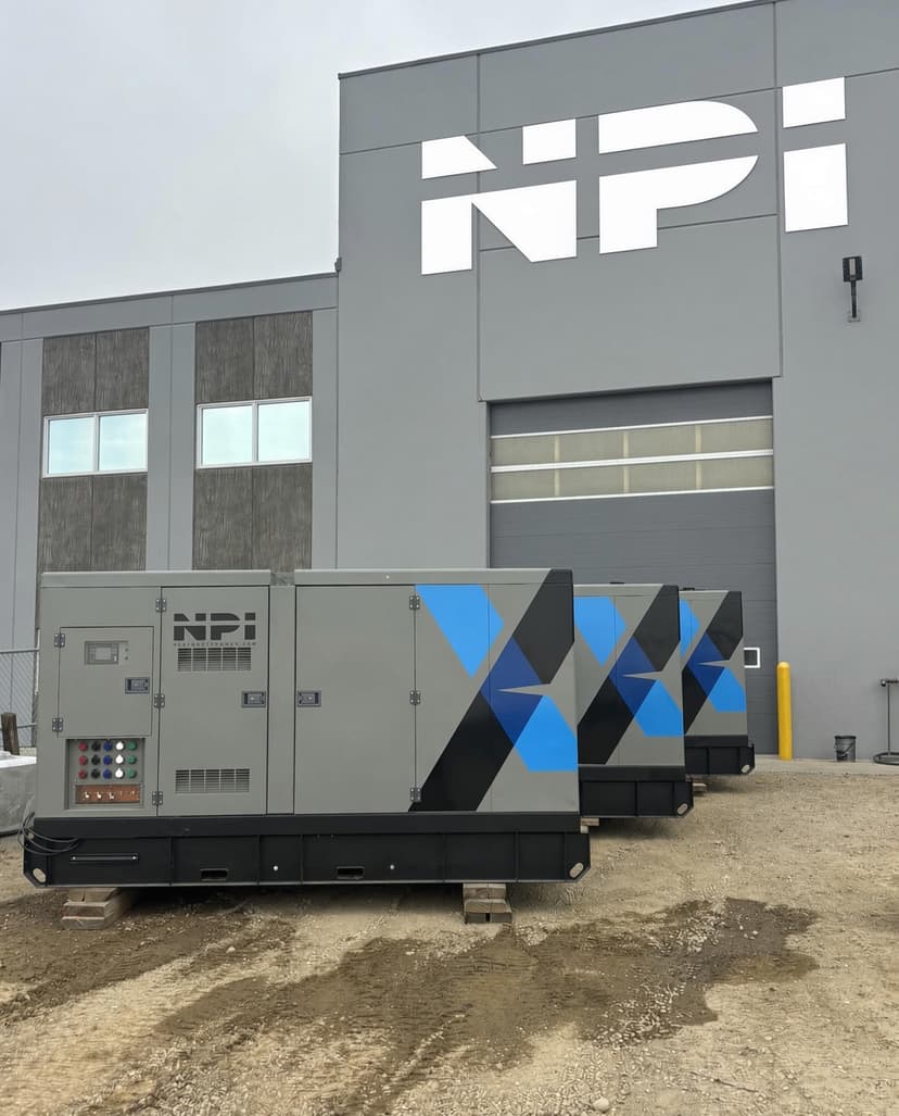 Three NPI Series generator packages outside the NexSource Power facility in Red Deer, Alberta