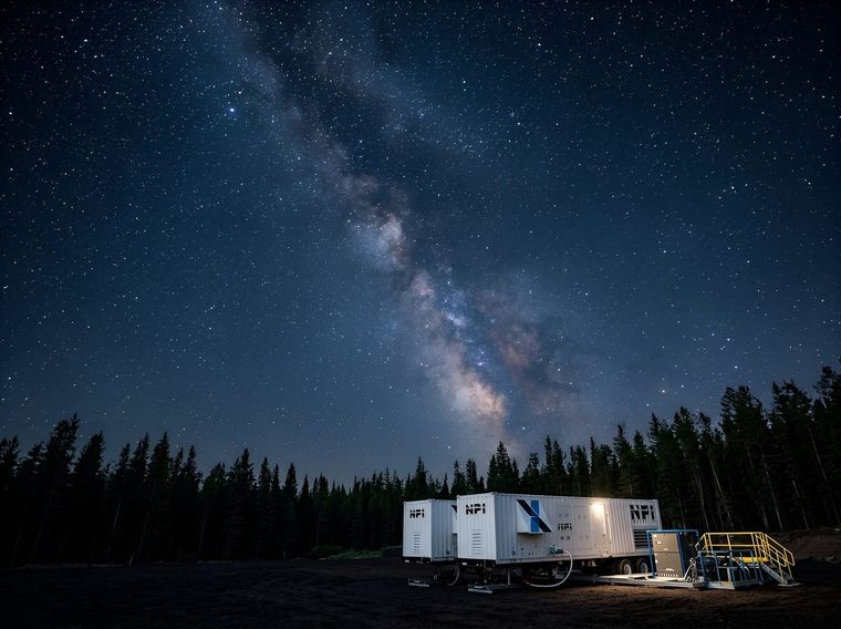 NexSource Power mobile generator package at a forested site at night
