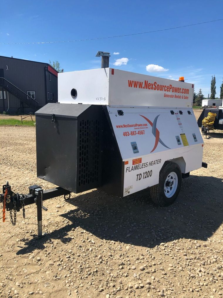 A TD1200 flameless heater on its trailer outside the NexSource Power shop